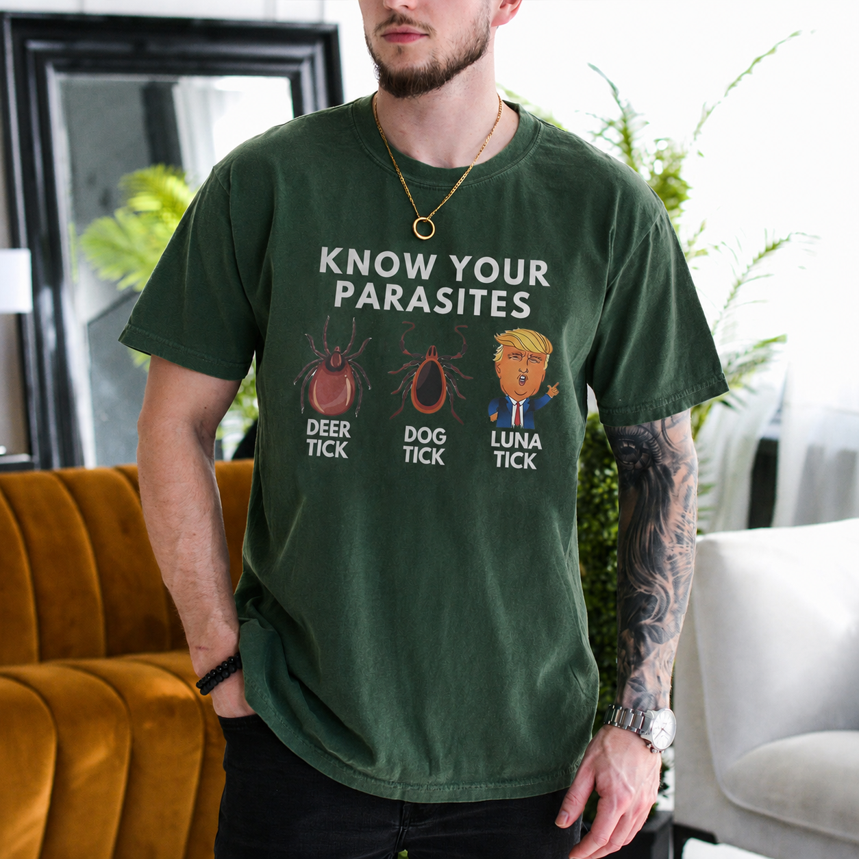 Know Your Parasites Luna Tick Anti-Trump Political Satire Unisex T-shirt/Crewneck/Hoodie - Dark Green front print