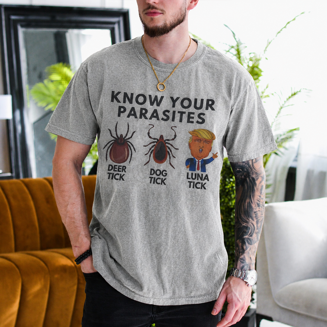 Know Your Parasites Luna Tick Anti-Trump Political Satire Unisex T-shirt/Crewneck/Hoodie - Gray front print