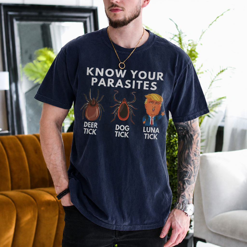 Know Your Parasites Luna Tick Anti-Trump Political Satire Unisex T-shirt/Crewneck/Hoodie - Navy Blue front print