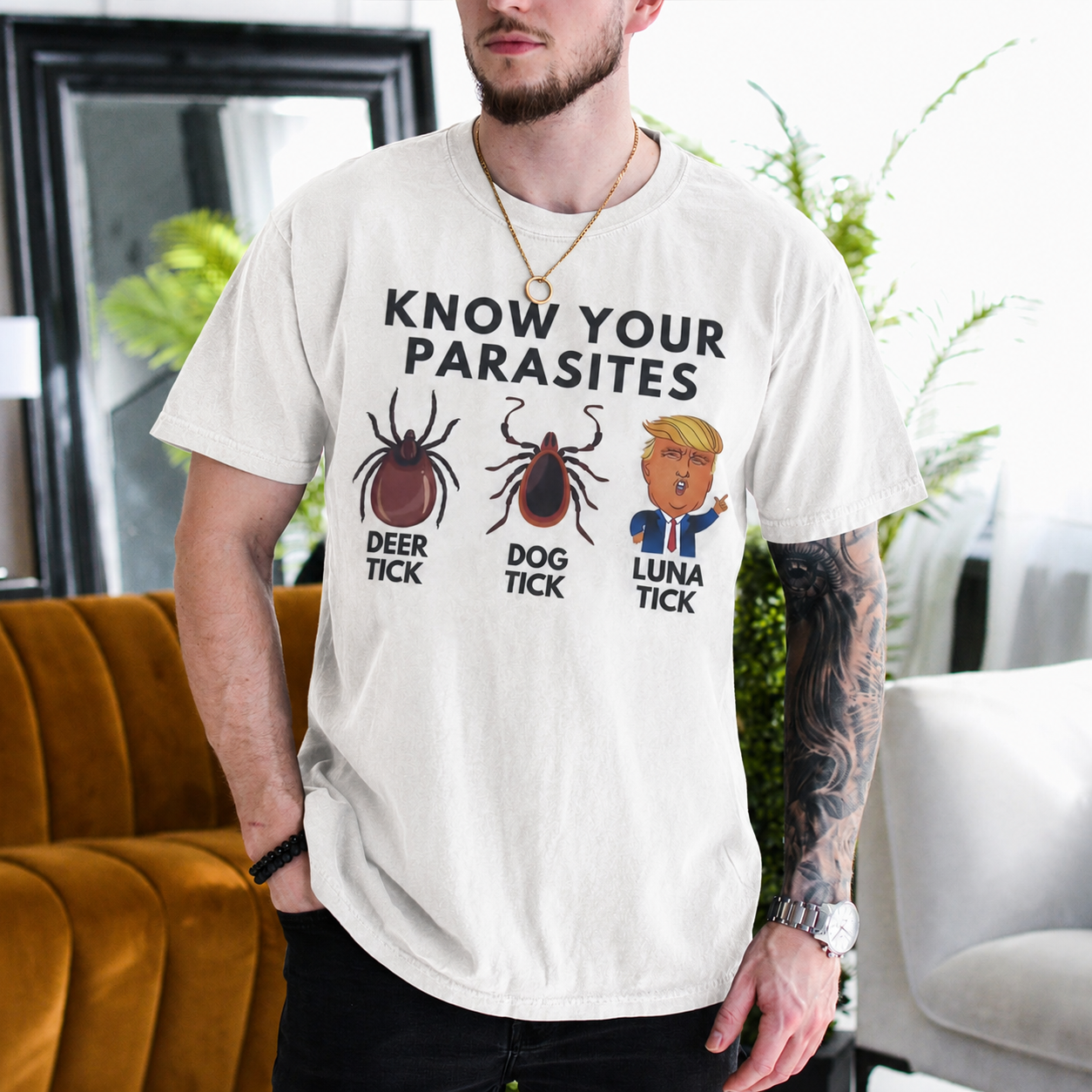 Know Your Parasites Luna Tick Anti-Trump Political Satire Unisex T-shirt/Crewneck/Hoodie - White front print