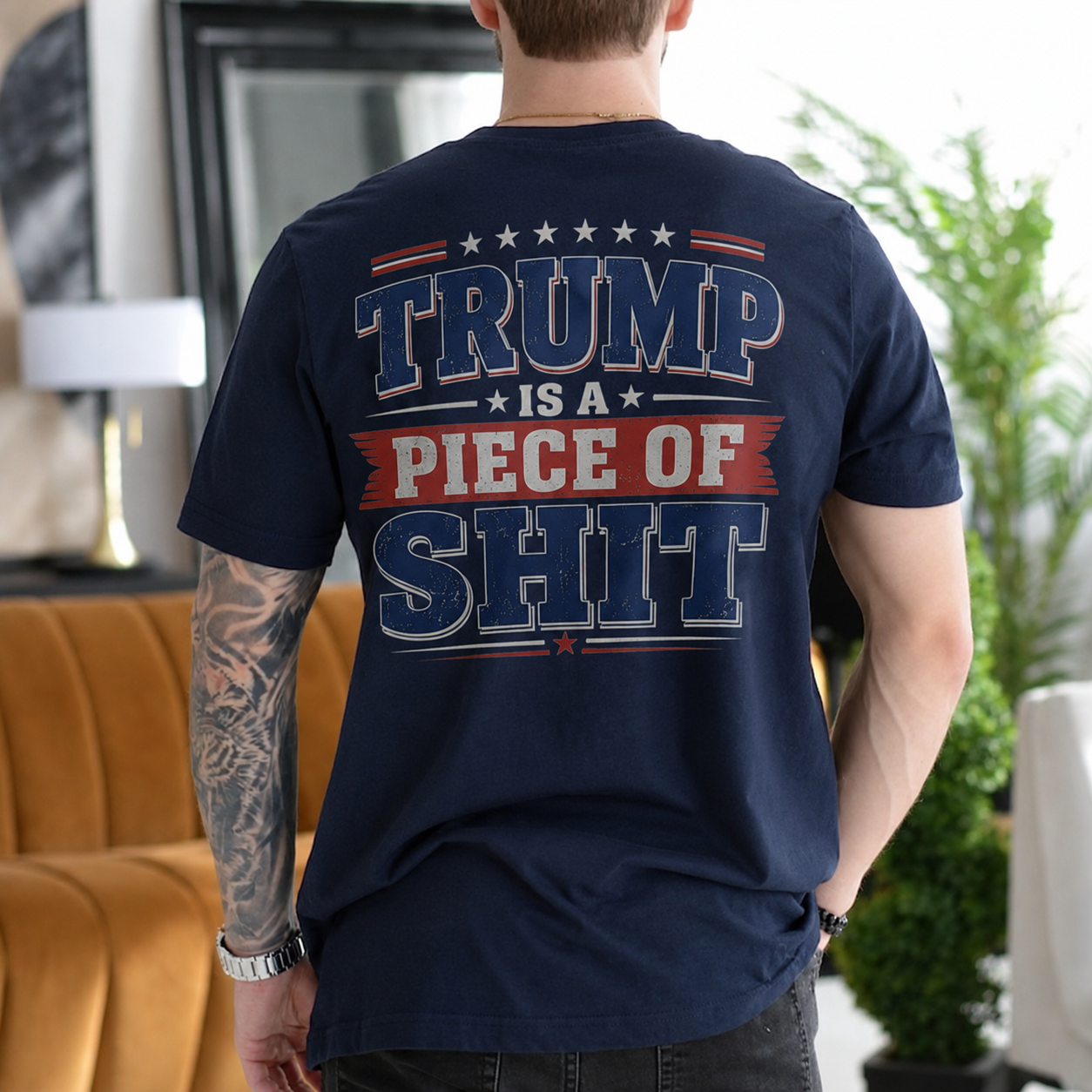 Trump Is a Piece of Shit Anti-Trump Political Satire Unisex T-shirt/Crewneck/Hoodie - Navy Blue back print