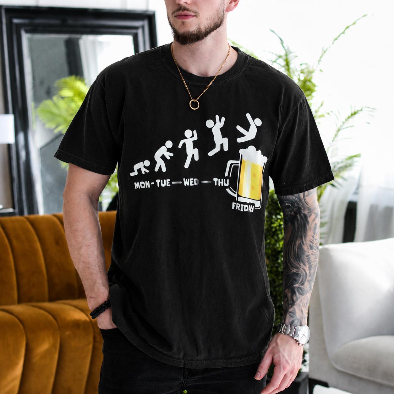 Funny Work Week Shirt, Monday Tuesday Wednesday Thursday Friday Beer Weekend Countdown Gift Unisex T-shirt/Crewneck/Hoodie - Black