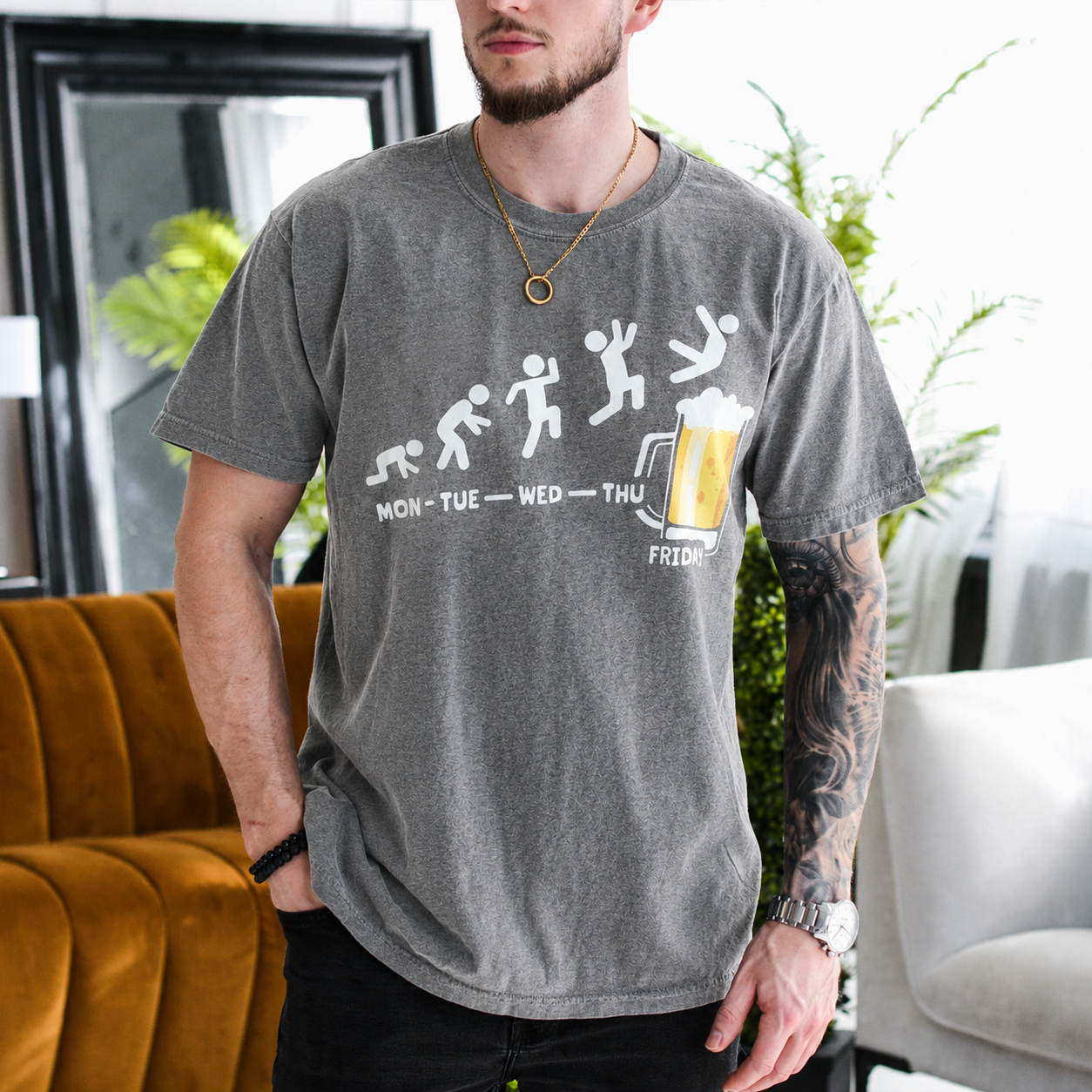 Funny Work Week Shirt, Monday Tuesday Wednesday Thursday Friday Beer Weekend Countdown Gift Unisex T-shirt/Crewneck/Hoodie - Gray