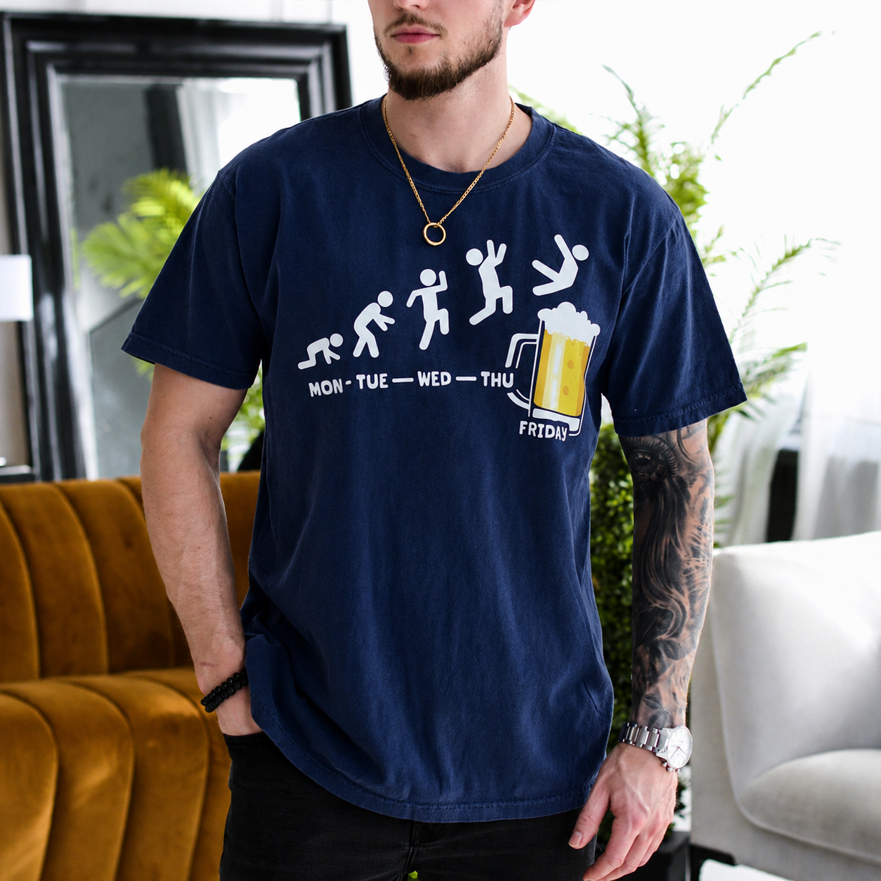 Funny Work Week Shirt, Monday Tuesday Wednesday Thursday Friday Beer Weekend Countdown Gift Unisex T-shirt/Crewneck/Hoodie - Navy Blue