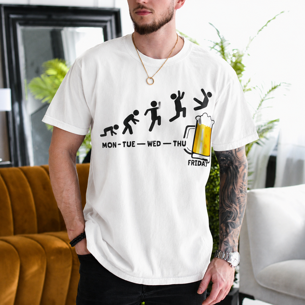 Funny Work Week Shirt, Monday Tuesday Wednesday Thursday Friday Beer Weekend Countdown Gift Unisex T-shirt/Crewneck/Hoodie - White