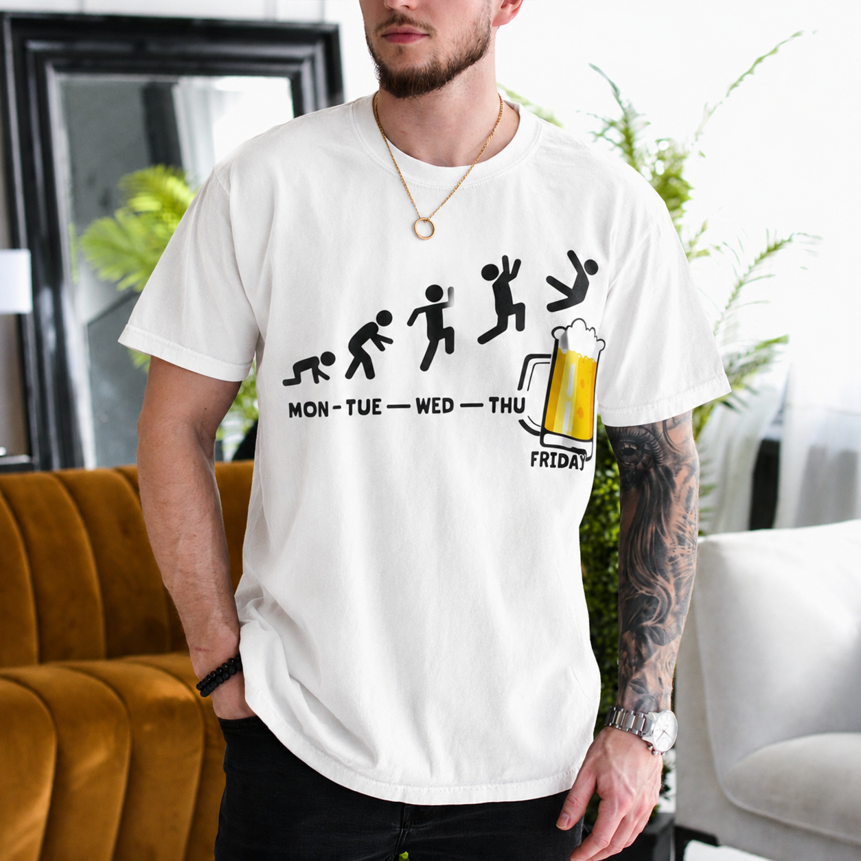 Funny Work Week Shirt, Monday Tuesday Wednesday Thursday Friday Beer Weekend Countdown Gift Unisex T-shirt/Crewneck/Hoodie - White